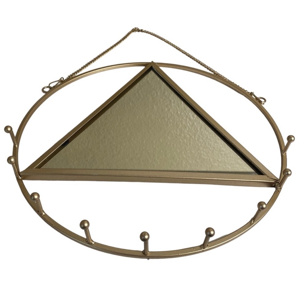 Boho Gold Tone Circle Triangle Mirror with Hooks Jewelry Holder Wall Decor